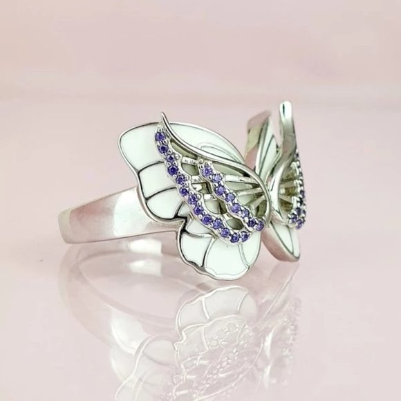 🔥Sweet White Butterfly Anillos Silver Plated Ring for Women UNVN12339 - Picture 3 of 6